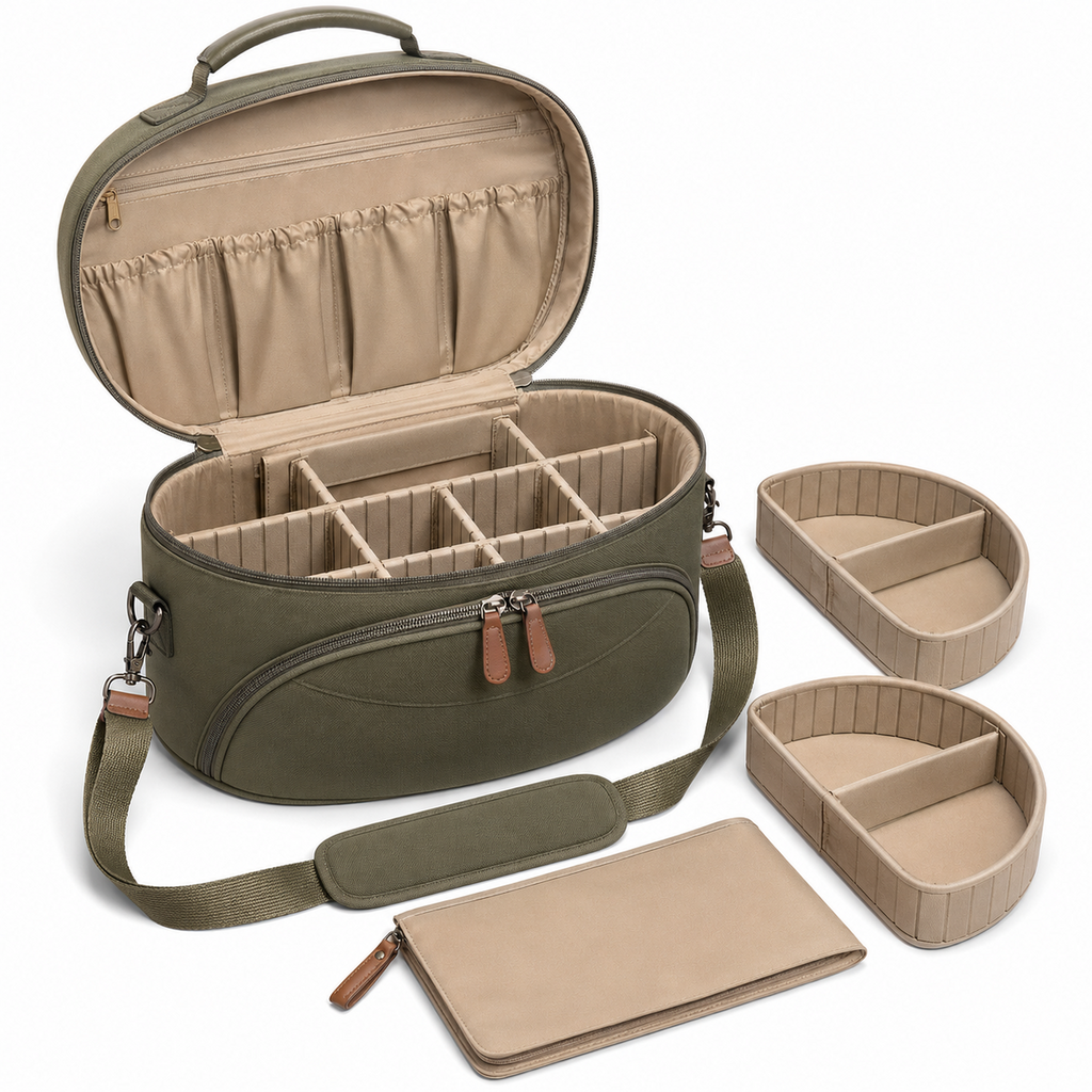 Professional Oval Travel Makeup Train Case with Modular Dividers